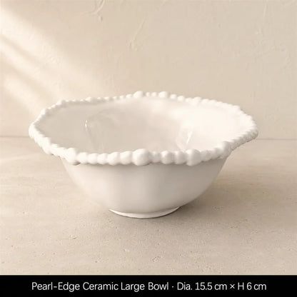 Color Value White French Pearl Edge Ceramic Dinnerware Set Elegant Steak Plate Bowl for Home Kitchen Dining