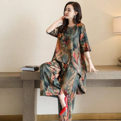 New Women Summer Loose Printed Set Lady Wide-Leg Pants Two-Piece Set Woman Casual Set Ladies Outwear Short-Sleeve Long Pants Set