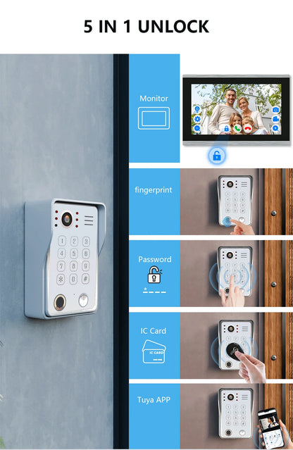 ANJIELO Fingerprint 5in1 Unlock Doorbell Video Intercom Touch Screen Video Doorphone 1080P Tuya Security Protection 3 Monitor