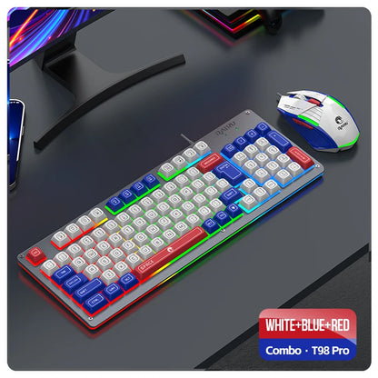 Mecha Style Gaming Wired Keyboard Mouse Set Rainbow Glow Backlit 98 Keys Metal Panel Laptop Desktop