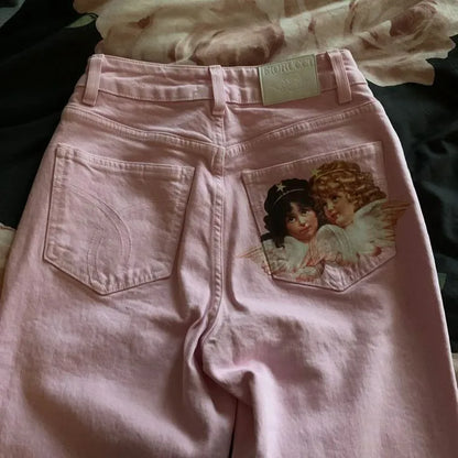 Y2K Light Pink Baggy Straight Leg Jeans Womens Clothing Harajuku Classic Angel Graphic Printed Trousers Gothic High Waist Pants