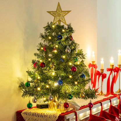 24''/2FT Mini Christmas Tree Tabletop Set with Clear LED Lights Artificial Mini Christmas Tree with Star Treetop and Hanging Ornaments, Best DIY Xmas Decorations (Storage Bag Included)