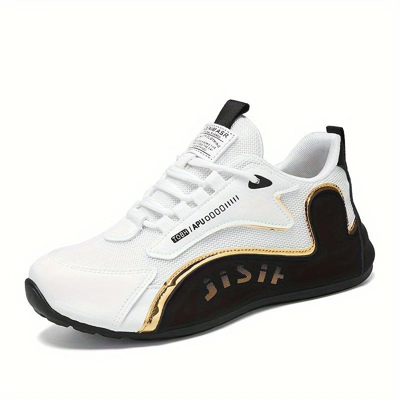 Men'S Black And White Gold Accent Running Shoes Breathable Mesh Upper Lightweight Non Slip Athletic Sneakers For Daily Wear
