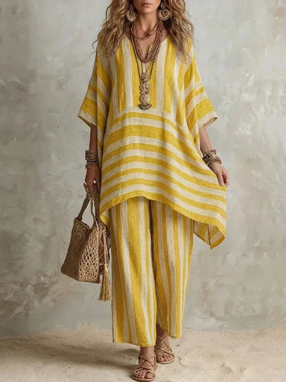 New Women's Two Piece Spring/summer Fashion V-Neck Loose Striped
