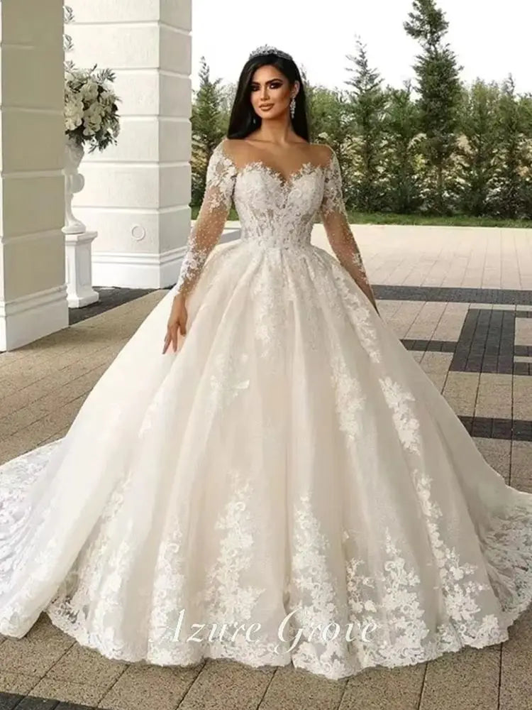Azure Customized Women A-Line Wedding Dresses Sexy Lace Long Sleeves Tulle Bridal Gowns Engagement Banquet Robes De Mariee