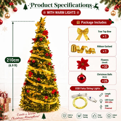 Green PVC Christmas Tree 1.5/1.8/2.1M Pre-Decorated Bow Topper Flowers,Foldable Xmas Tree Optional USB Lights Holiday Home Decor