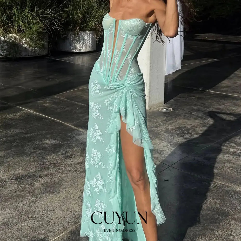 CUYUN Customized Luxury Lace Prom Dresses Women High Slit Sexy Corset Back Long Party Gown Floor-Length Evening Dress Summer