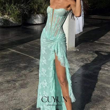 CUYUN Customized Luxury Lace Prom Dresses Women High Slit Sexy Corset Back Long Party Gown Floor-Length Evening Dress Summer