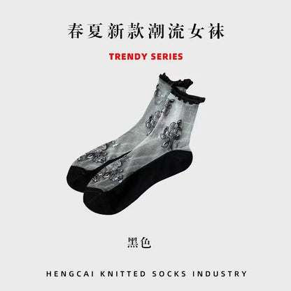 Transparent Crystal Silk Socks Women Fashion Ultra-thin Summer Harajuku Crew Socks Flower Streetwear Elastic Long Mesh Socks