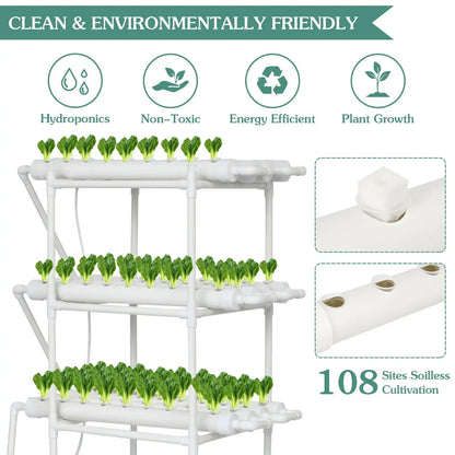 3-Layer/108 Sites Hydroponics Growing System Kits PVC Pipe Soilless Cultivation Garden Vegetables Herbs Planting Tools