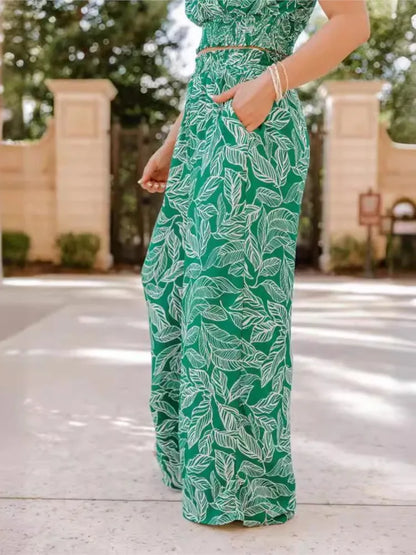 Women's Fashion Print Halter Sexy Short Top + Wide Leg Pant Suit Summer Casual Simple Sweet About Elegant Female Pant 2piece Set