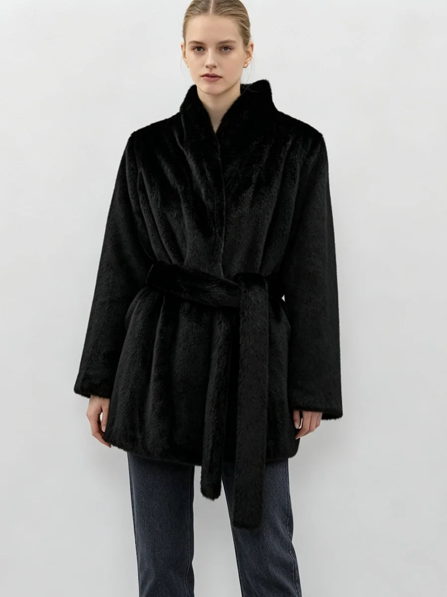 LIMO Women  Faux Mink Fur Coat Wrap Belted Waist Stand Collar Long Sleeve Loose Warm Winter Elegant Ladies  Plush Outerwear