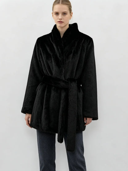 LIMO Women  Faux Mink Fur Coat Wrap Belted Waist Stand Collar Long Sleeve Loose Warm Winter Elegant Ladies  Plush Outerwear