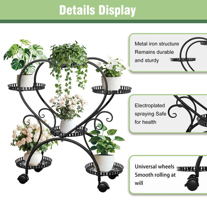 Black Metal Rolling Plant Stand Heart-Shaped Garden Display Rack with Wheels for Home And Garden Decor