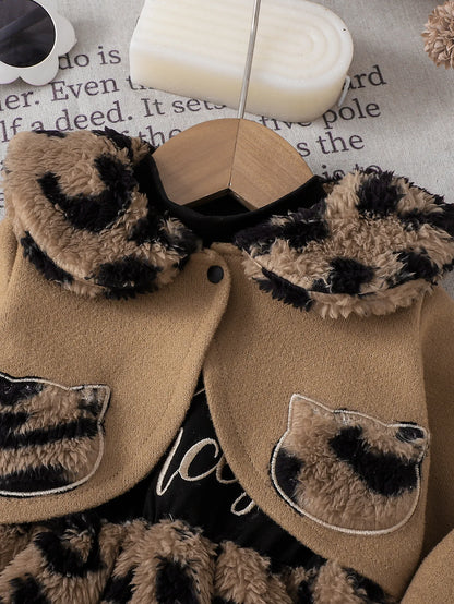 Baby Girl's "Little Princess" Leopard Print Plush Dress + Lapel Short Coat Set, Warm and Stylish Two-Piece Set for Autumn and Winter