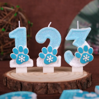 Cat Paw Theme 0‑9 Number Birthday Candle Blue White Glitter Cake Topper With Snowflake Cat Paw Ornament Cake Decoration Supplies
