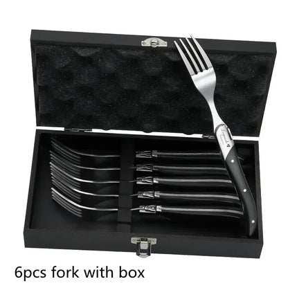 2-10pcs Laguiole Steak Knifes Dinner Knives Black Wood Handle Dinnerware Stainless Table Knife and Fork Wooden Tableware Cutlery