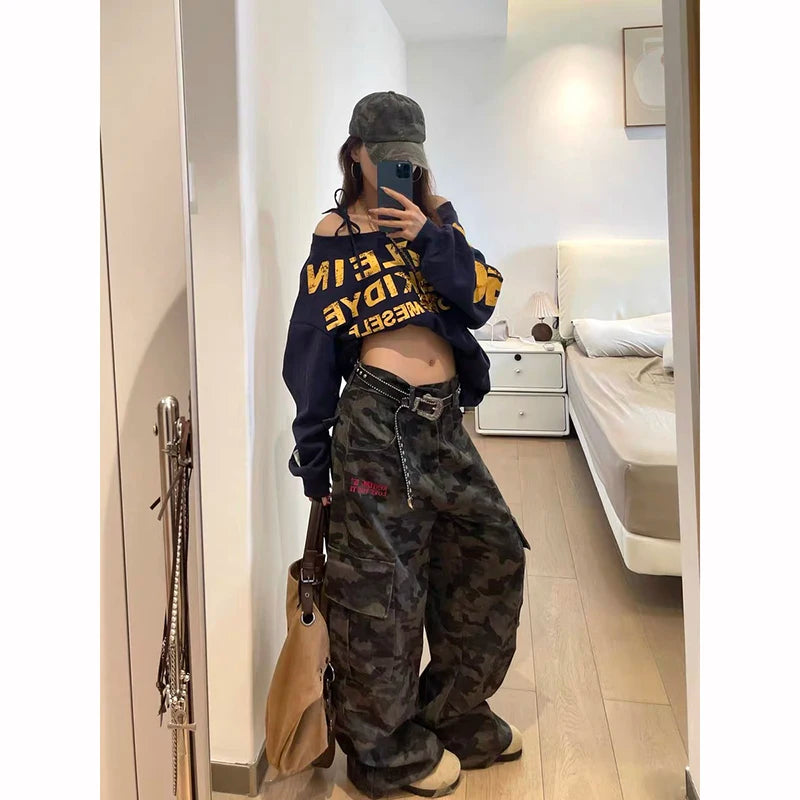 ZHIZOU Autumn Camouflage Baggy Cargo Pants Women High Rise Trousers Straight Wide Leg Oversize Pants Aesthetics Vintage Y2K jean