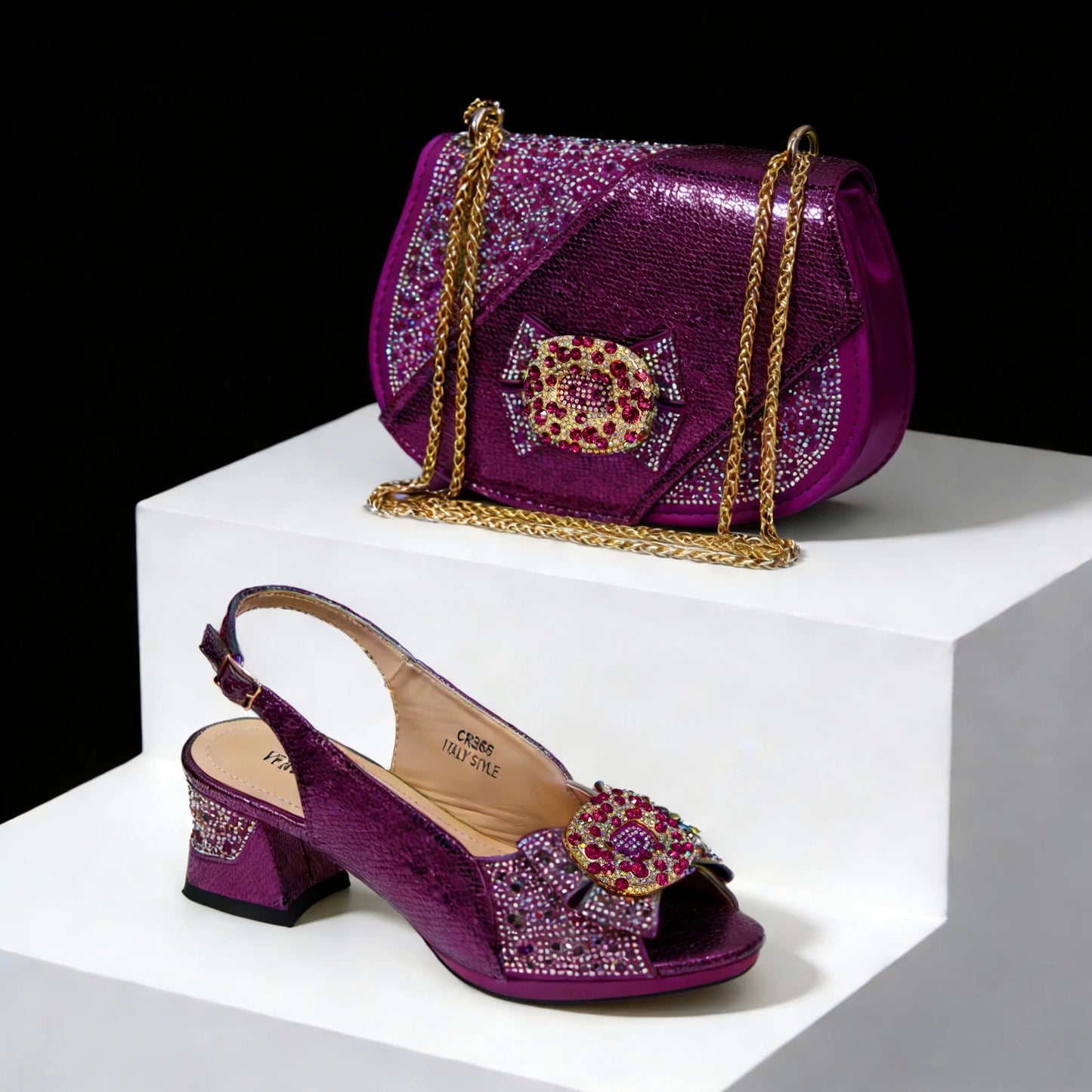 Nigeria Design Open Toe High Heels & Bag Set Gold Color blocking Hot Rhinestones Fashion Elegant Sexy High Heels