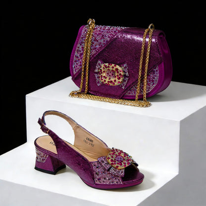 Nigeria Design Open Toe High Heels & Bag Set Gold Color blocking Hot Rhinestones Fashion Elegant Sexy High Heels