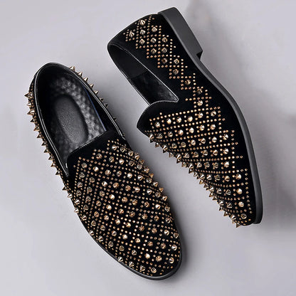 Fashion Designer New Gold Silver Punk Rock Rivet Leather Casual Shoes for Men Rhinestone Loafers Formal Wedding Dress Homecoming