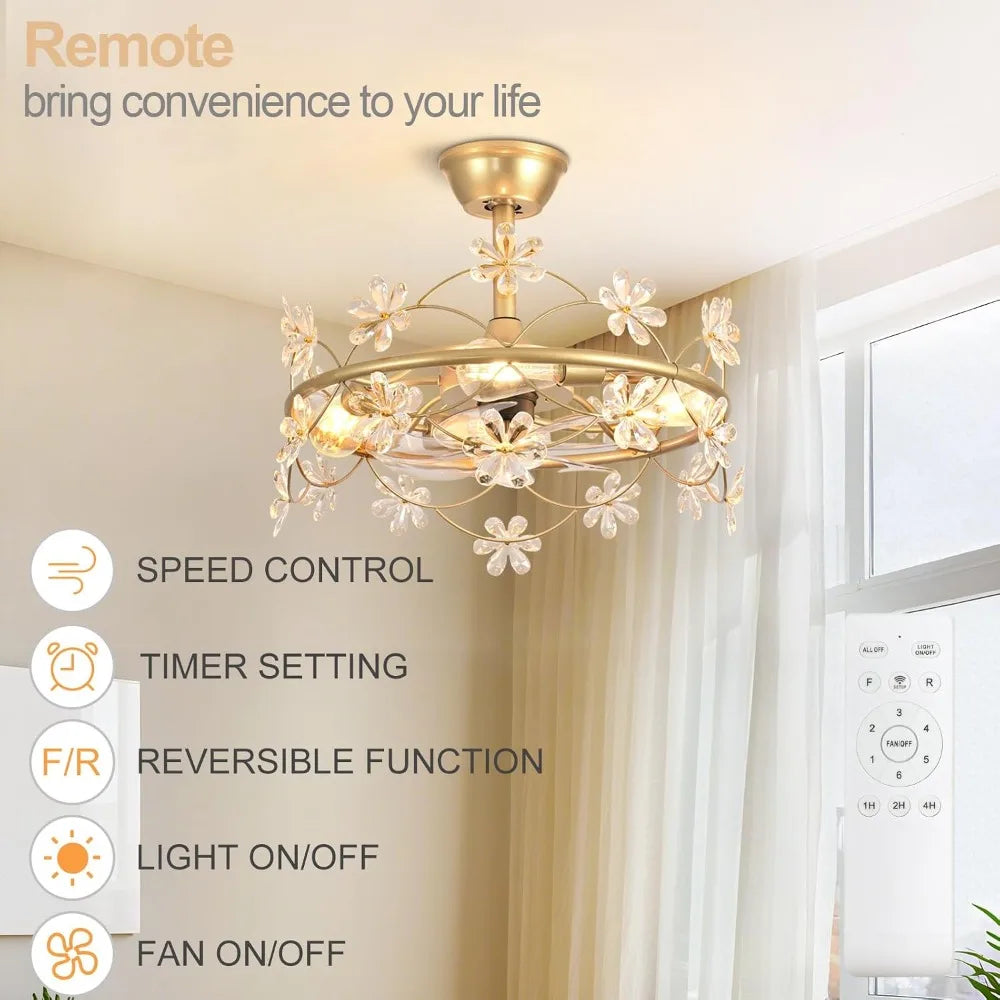 20" Gold Chandelier Ceiling Fan with Lights and Remote Control - Modern Flower Fandelier for Bedroom Living Room Kitchen