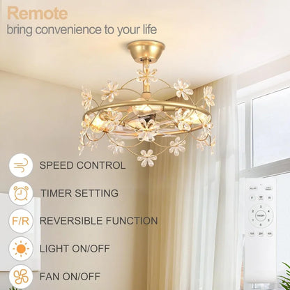 20" Gold Chandelier Ceiling Fan with Lights and Remote Control - Modern Flower Fandelier for Bedroom Living Room Kitchen