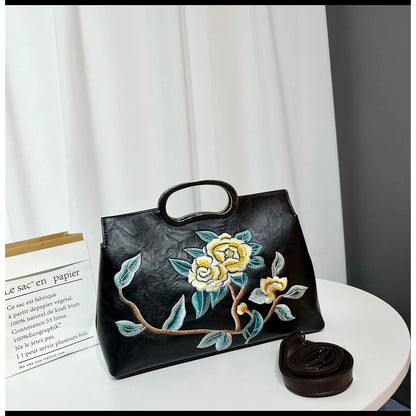 Elegant Women's Handbag Embroidered Peony Print Crossbody Bag Wear-Resistant Fashionable Daily Use Square Shape Zipper Closure