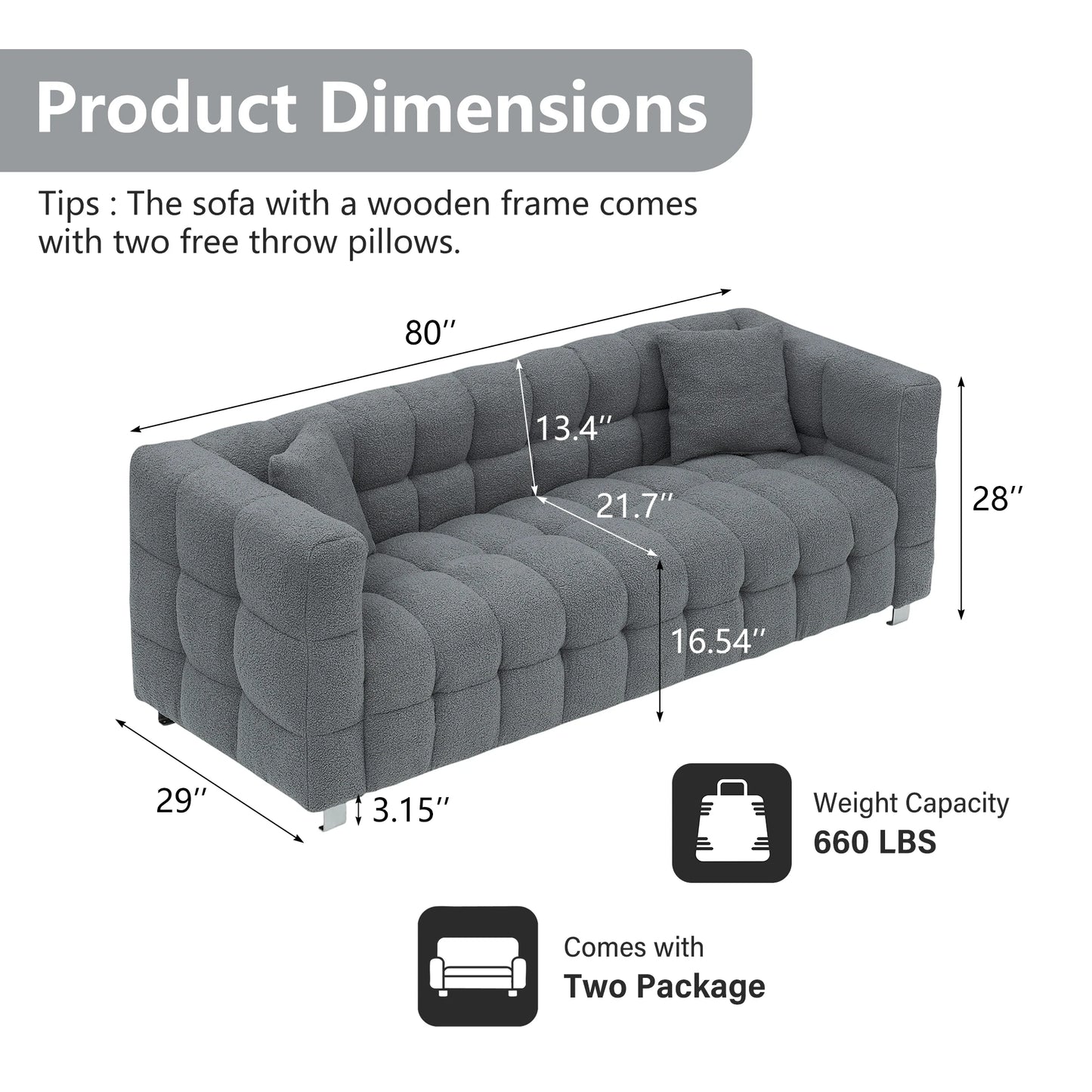 80-Inch Modern Teddy Fleece Sofa, With 2 Cushions 3-Seater  Sofa Suitable for Living Room Bedroom or Apartment Comfortable Deep-Set Leisure Furniture Wide Armrest Design Easy to Assemble