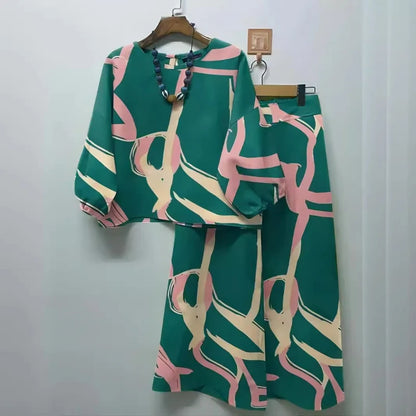 Print Suit Women Two Piece Pant Sets Long Sleeve Round Neck Tops Shirt Wide Leg Pants Loose Elegant Lady Bohemian Suits