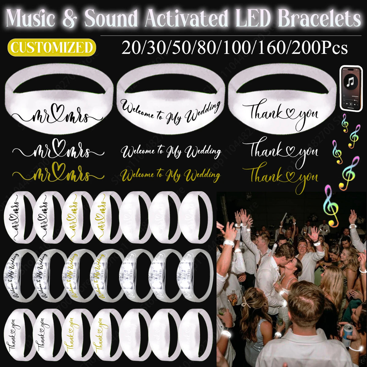 20-200Pcs Music & Sound Activated LED Bracelet Light up Bracelet Glow in the Dark Bracelets Wedding Party Accessories for Guests