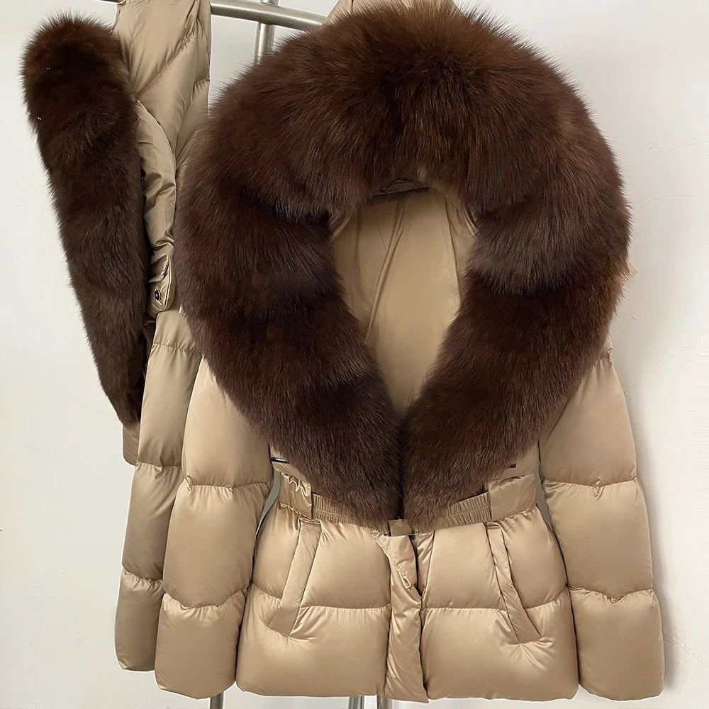 OFTBUY New Fashion Winter Clothes Women Duck Down Coat with Big Natural Fur Collar Belt Hooded Real Fox Fur Puffer Jacket Female