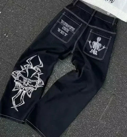Women Bling Rhinestone Jeans Wings Pocket Embroidered Vintage Y2K Streetwear Hip Hop Dark Wash Cargo Denim Pants Fashion Trouser