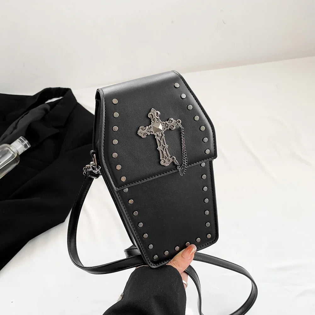 Y2K Crossbody Bag for Women Coffin Shoulder Bag Phone Purse Cool Gothic Cellphone Bag PU Leather New Novelty Halloween Phone Bag