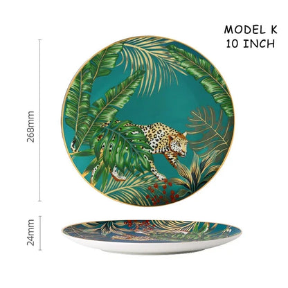 Dinnerware Set Colorful Forest Animal Design Plate Steak Tray Flat Ceramic Tableware 10inch Dish Christmas Gift Gold