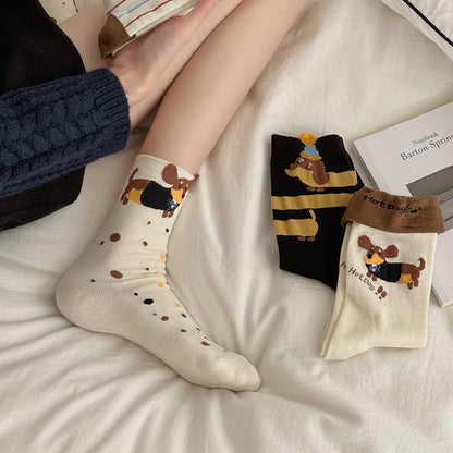4 Pairs Women's Cartoon Dog Socks Korean Foldable Two-Wear Sweatproof Cotton Oxford Mid-Calf Socks for Fall and Spring