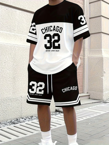 2026 Men's Tracksuit Chicago No.32 Print Short Sleeve T-shirt+Shorts Sets Outdoor Casual Suit Oversized Clothes 2 Piece Outfits