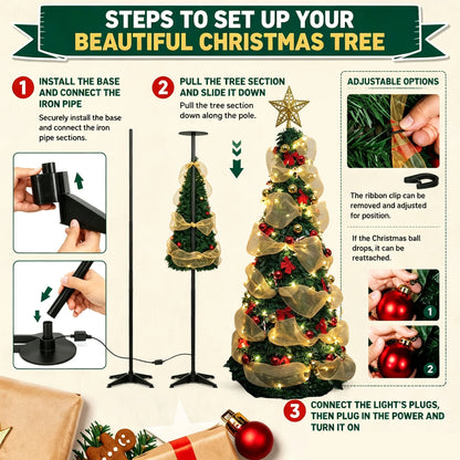 Foldable PVC Christmas Tree 1.5/1.8/2.1M with DIY Ornaments & USB Remote LED String Lights, Retractable Xmas Tree for Home Holid