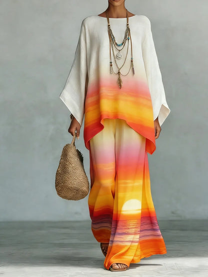 Boho Two Piece Set Summer Women's Loose Patchwork Wide Leg Pants Set Fashion O Neck Pullover Top 2-piece Set Outfit Streetwear
