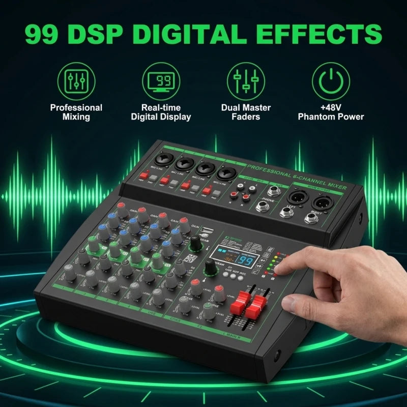 MW-6 Black 6-Channel Audio Mixer with Noise Reduction DJ Console | Bluetooth & USB Playback, Portable Controller Mixer, DSP 99 Preset Effects, Live Streaming, Podcasting, Home Party
