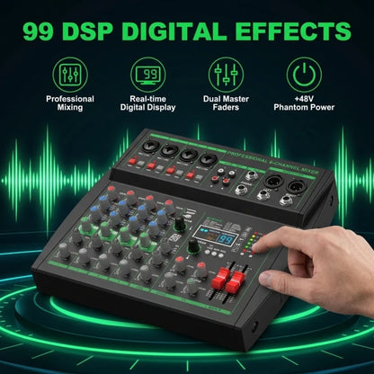 MW-6 Black 6-Channel Audio Mixer with Noise Reduction DJ Console | Bluetooth & USB Playback, Portable Controller Mixer, DSP 99 Preset Effects, Live Streaming, Podcasting, Home Party