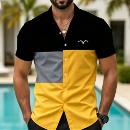 Men's short sleeved shirt with contrasting color splicing, geometric color block printed collar shirt, European and American str