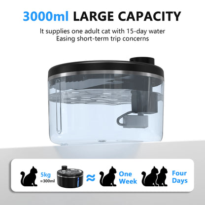 3L Wireless Cat Water Fountain Mute Pet Water Dispenser With Stainless Steel Tray and Intelligent Sensing, 4000mAh Large Battery