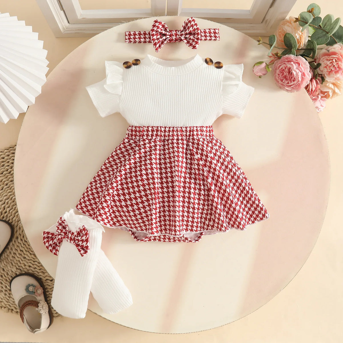 Baby Girl Bodysuit Dresses Short Sleeve Heart Shape Bow Romper Infants Onesies With Socks Headband 3pcs Sets For Newborn Girls