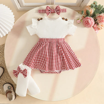 Baby Girl Bodysuit Dresses Short Sleeve Heart Shape Bow Romper Infants Onesies With Socks Headband 3pcs Sets For Newborn Girls