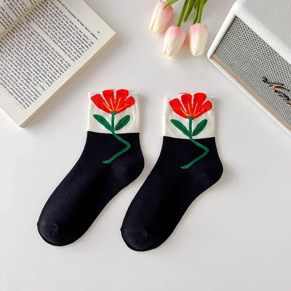 New Style Crew Socks for Women Spring Fashion Cute Flower Long Cotton Socks Japanese Style Breathable Casual Trendy Absorb Sweat