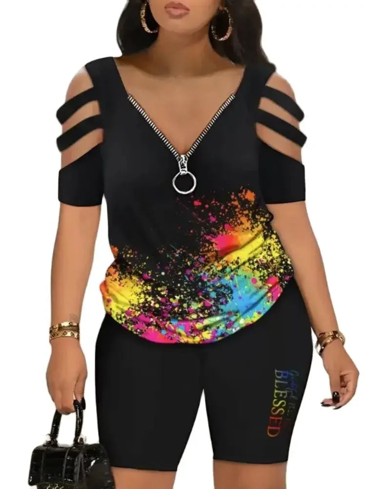 Cold Shoulder T Shirt Shorts Set Women 2 Piece Set Zipper V Neck Womens Short Pants Set Casual Femme Top Set Summer Suit