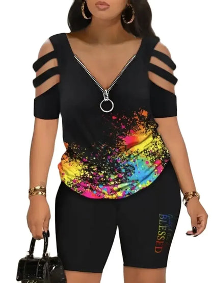 Cold Shoulder T Shirt Shorts Set Women 2 Piece Set Zipper V Neck Womens Short Pants Set Casual Femme Top Set Summer Suit