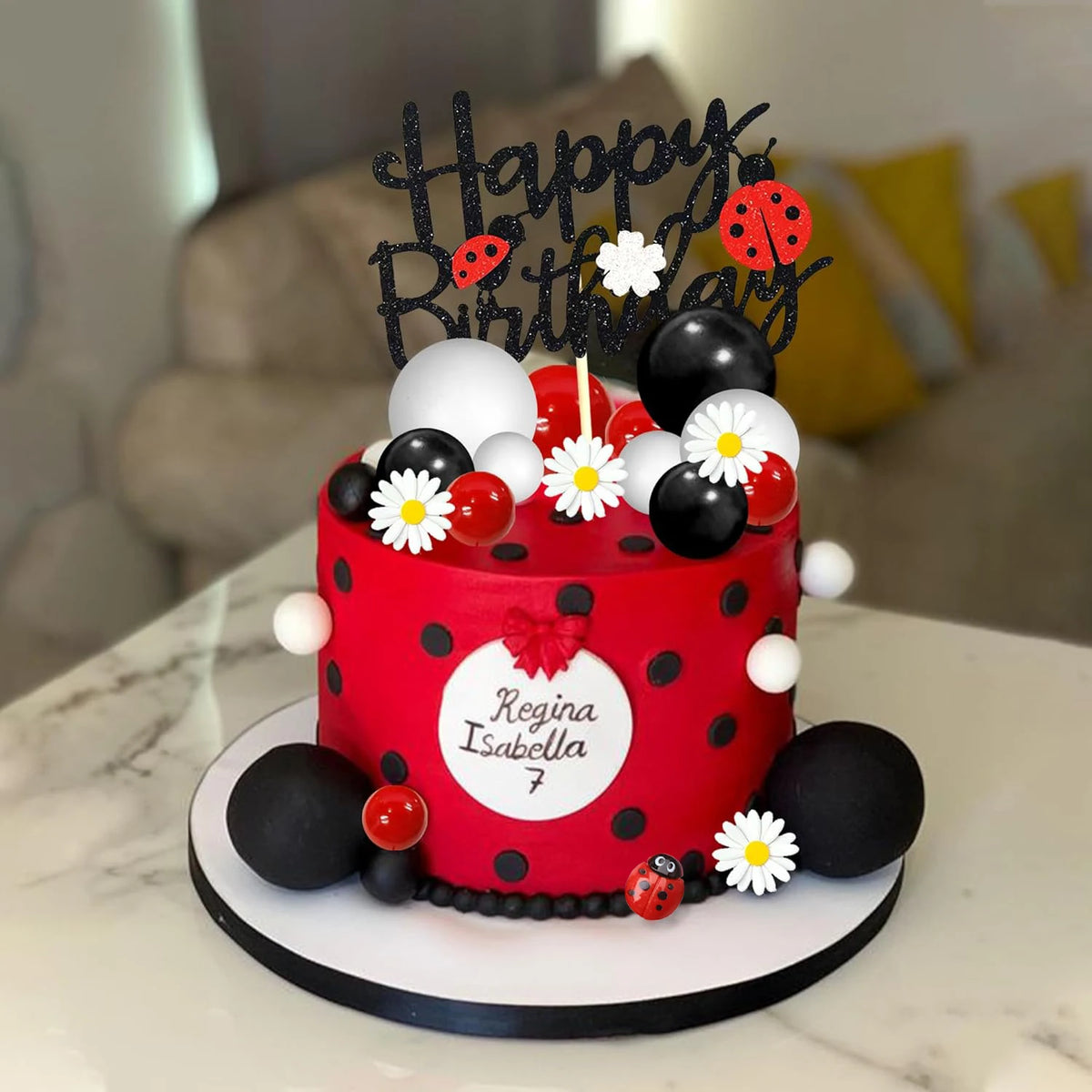 Ladybug Cake Topper Red Black Ball Cake Decorations Daisy Cake Topper for Ladybug Theme Party Birthday Party Supplies Decoration
