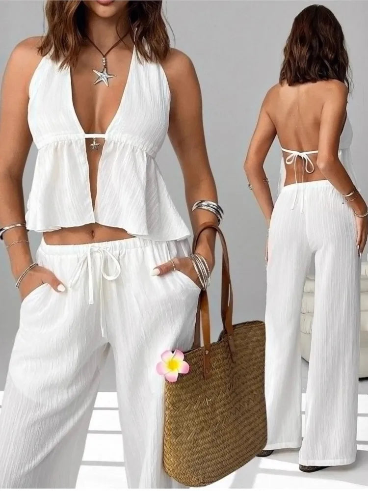 Fashion White Woman 2 Piece Set Outfit Spring And Summer Women's Halter Neck Strap Sexy Backless Sleeveless Vest Slim Suit